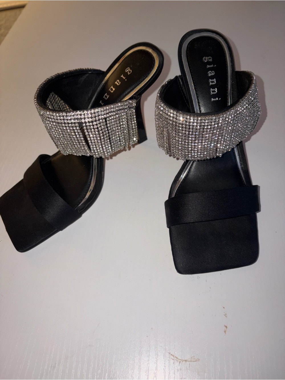Gianni Bini Black Satin Mules with Crystal Fringe Strap - Picture 2 of 3